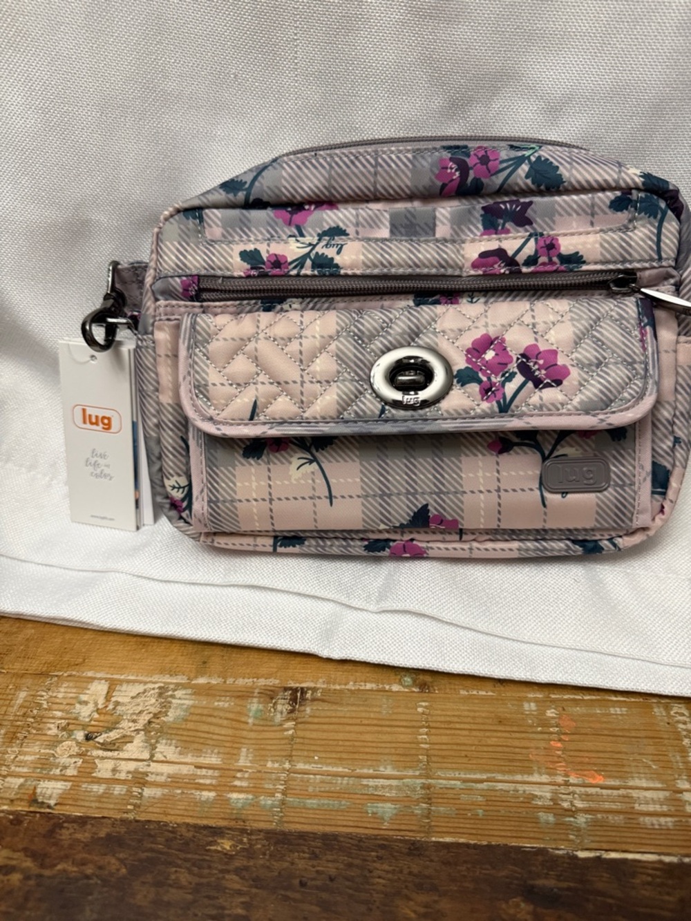 lug Quilted Plaid Floral Crossbody Bag - Light Pink & Dark Teal